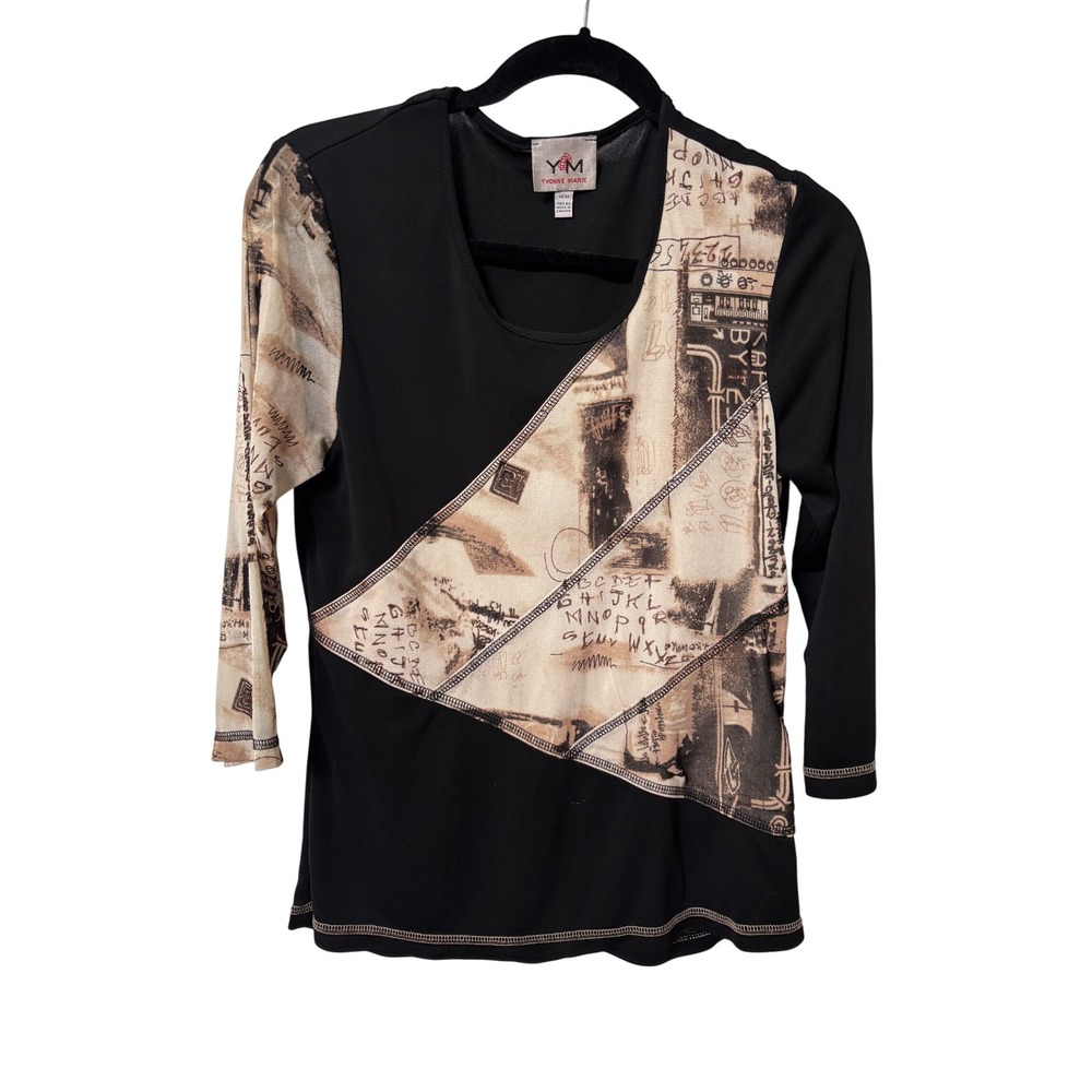 Y2K Yvonne Marie Womens Black Beige Asymmetrical Collage Print 3/4 Sleeve Top M